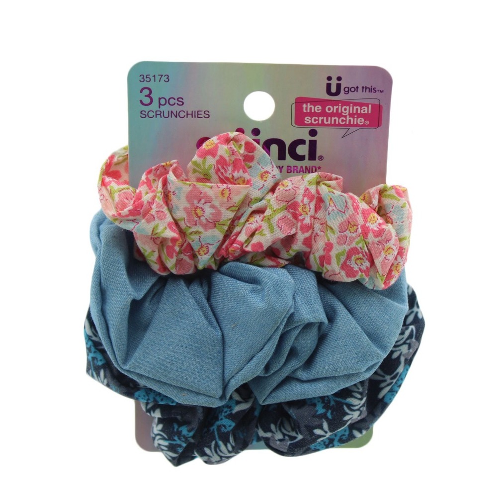 Scunci 3 Piece Hair Scrunchie Set Pink Blue Floral Solid Denim 35173